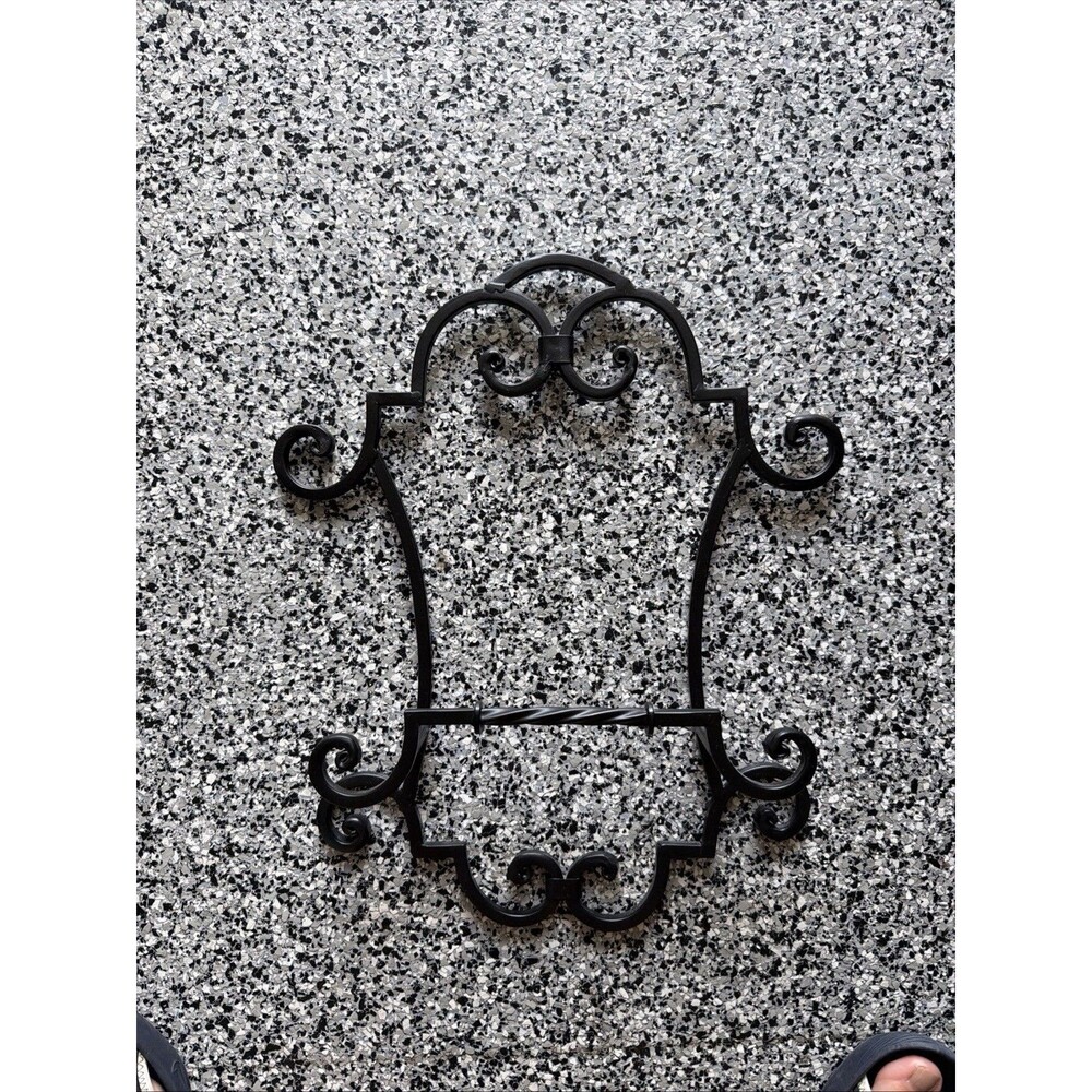 Vtg Wrought Iron Wall Plate Rack Black  Scroll Design 16"x13" Victorian